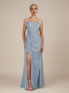 KissDress-Lavatera Dusty Blue A Line Chiffon V Neck Long Bridesmaid Dress with Ruffles
