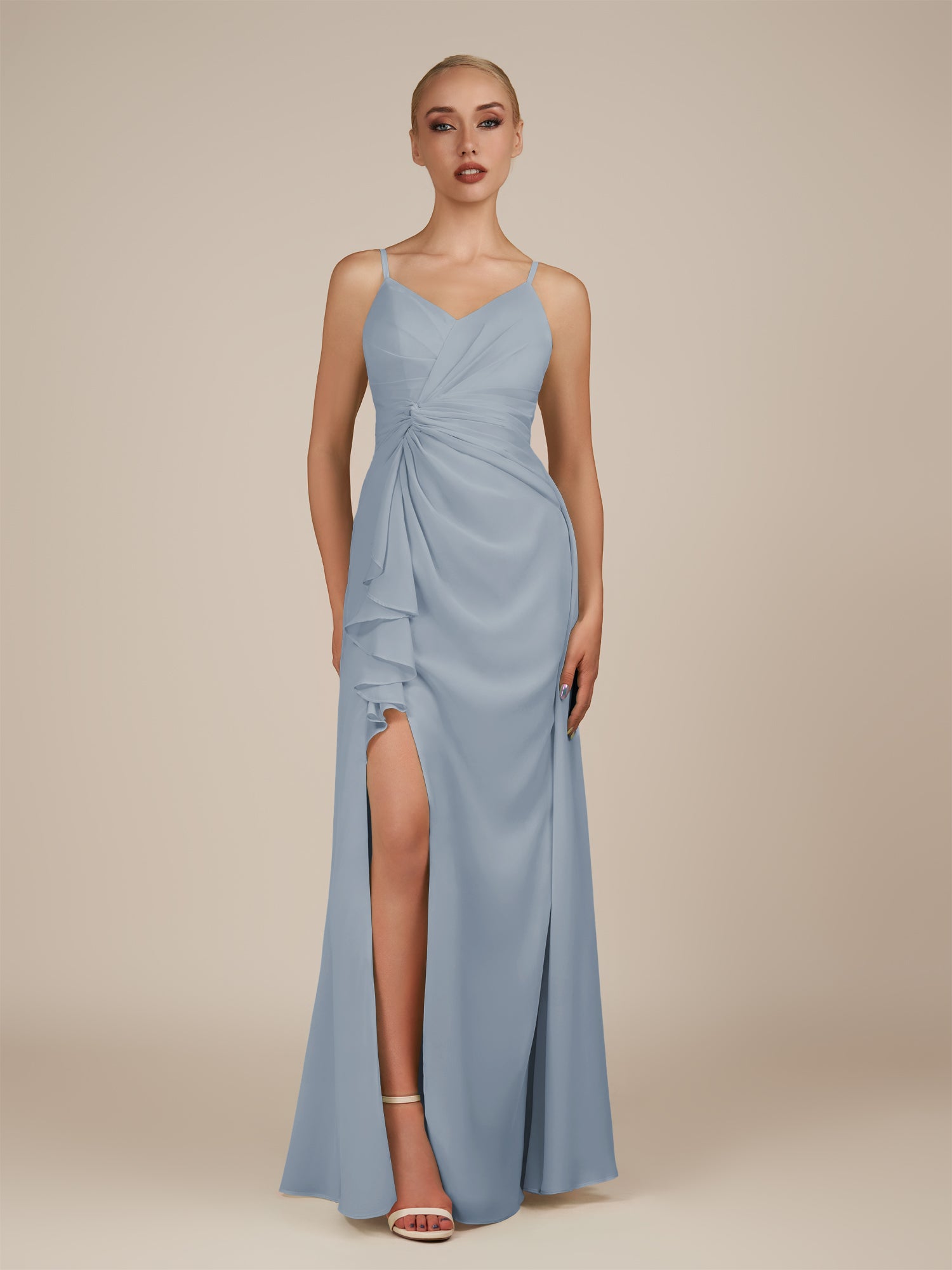 KissDress-Lavatera Dusty Blue A Line Chiffon V Neck Long Bridesmaid Dress with Ruffles