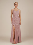 KissDress-Lavatera Dusty Rose A Line Chiffon V Neck Long Bridesmaid Dress with Ruffles