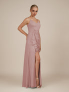 KissDress-Lavatera Dusty Rose A Line Chiffon V Neck Long Bridesmaid Dress with Ruffles