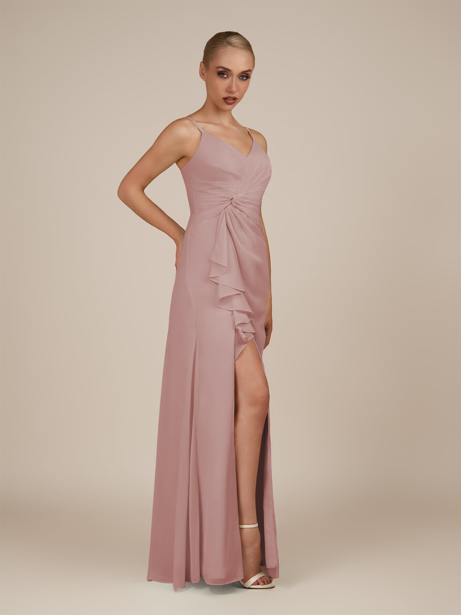 KissDress-Lavatera Dusty Rose A Line Chiffon V Neck Long Bridesmaid Dress with Ruffles