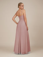 KissDress-Lavatera Dusty Rose A Line Chiffon V Neck Long Bridesmaid Dress with Ruffles