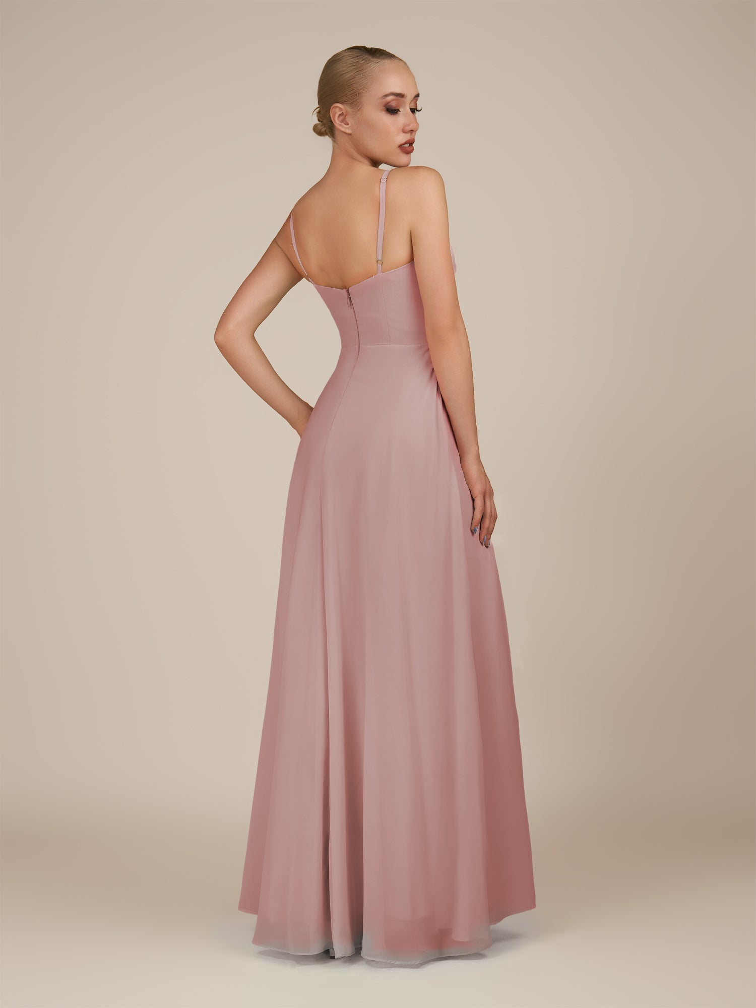 KissDress-Lavatera Dusty Rose A Line Chiffon V Neck Long Bridesmaid Dress with Ruffles