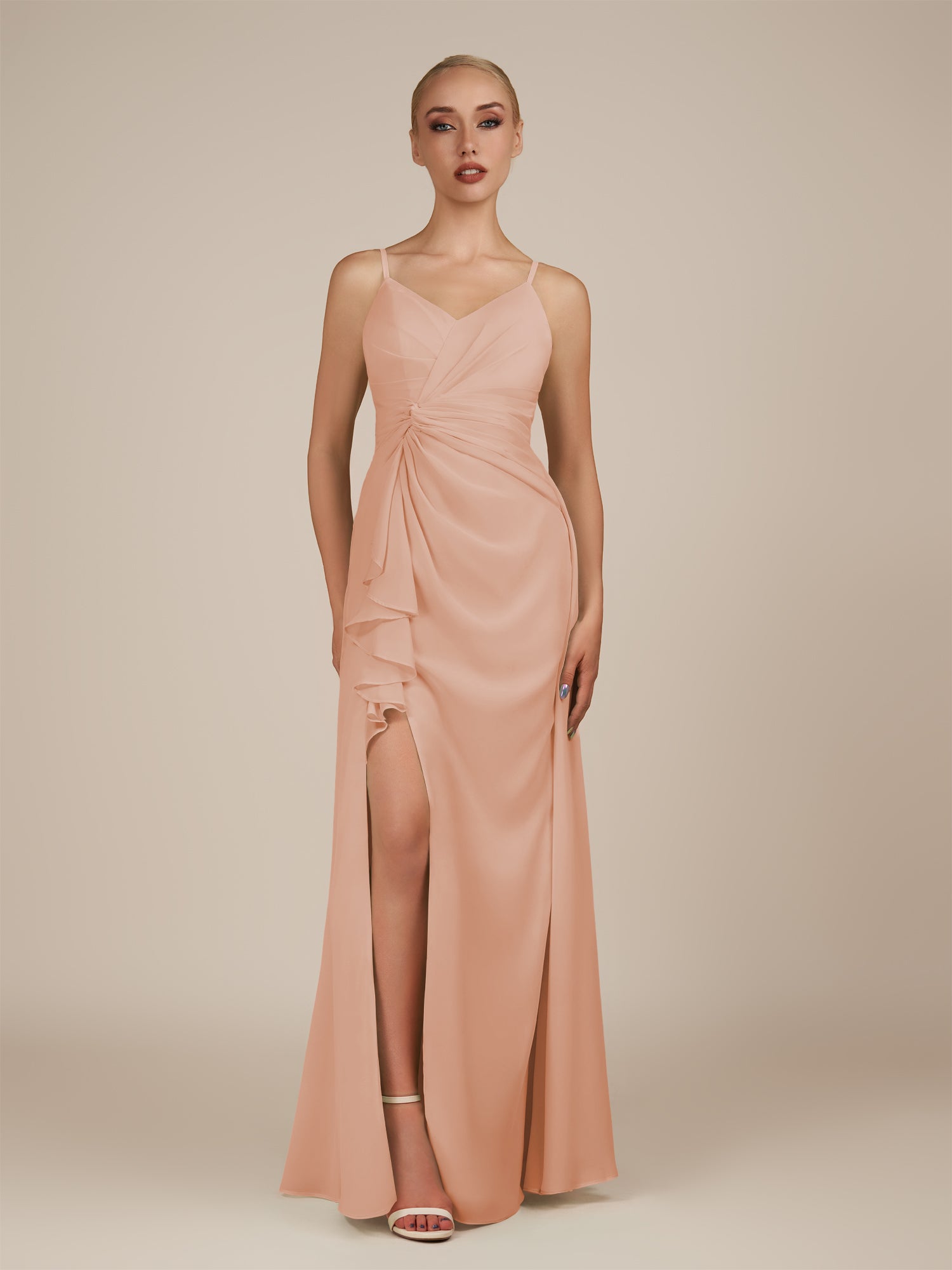 KissDress-Lavatera English Rose A Line Chiffon V Neck Long Bridesmaid Dress with Ruffles