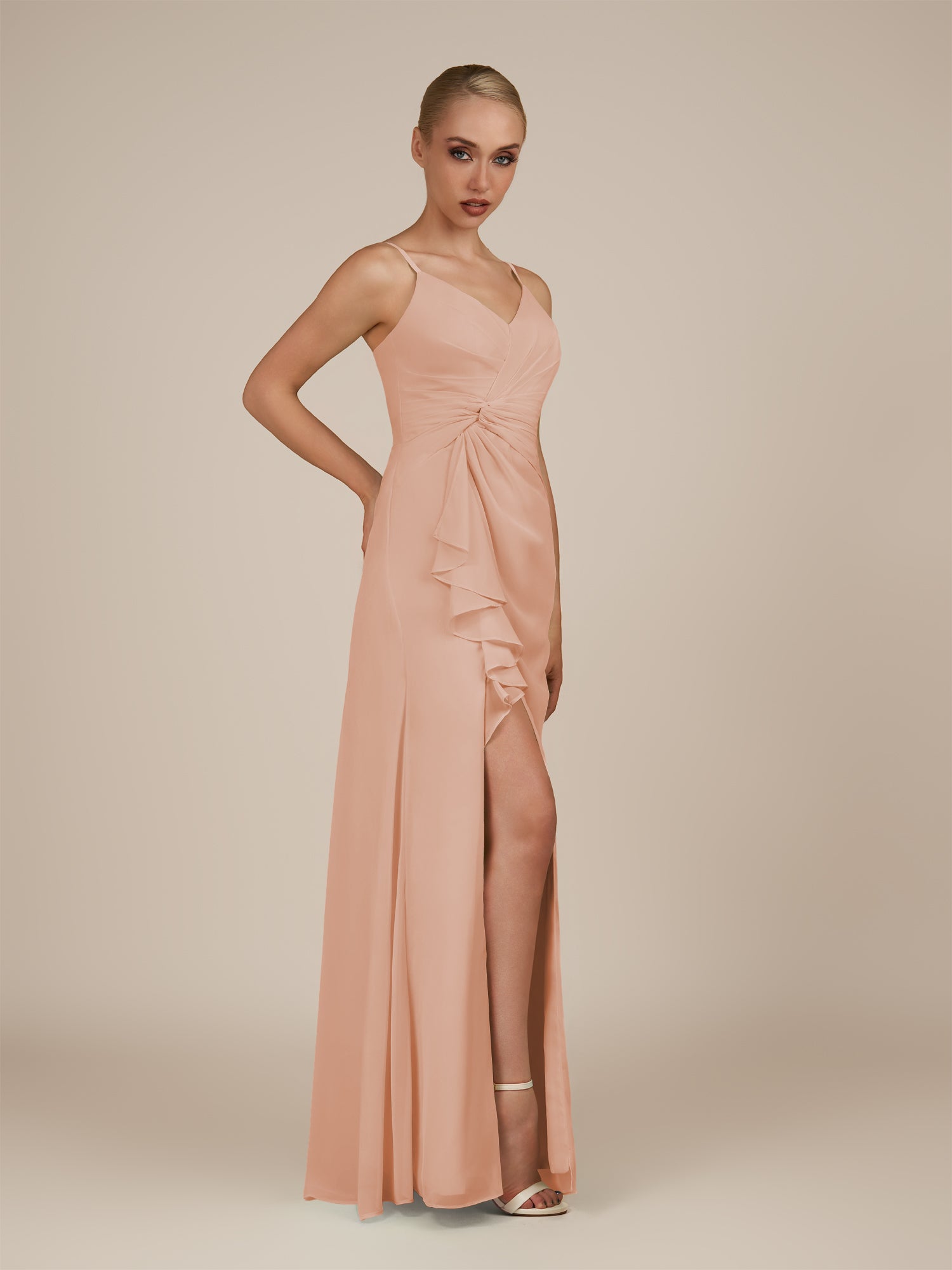 KissDress-Lavatera English Rose A Line Chiffon V Neck Long Bridesmaid Dress with Ruffles