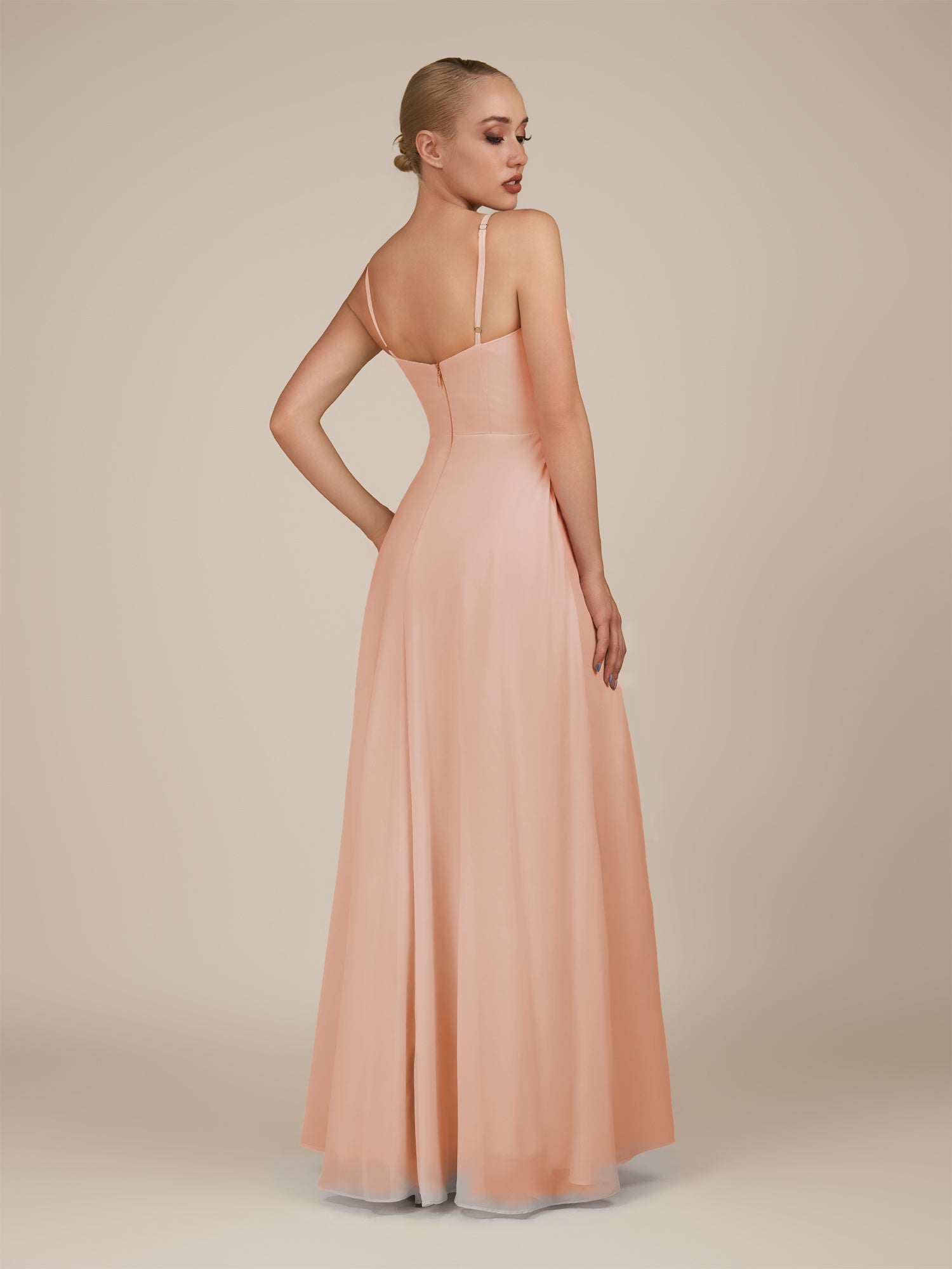 KissDress-Lavatera English Rose A Line Chiffon V Neck Long Bridesmaid Dress with Ruffles