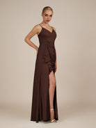 KissDress-Lavatera Espresso A Line Chiffon V Neck Long Bridesmaid Dress with Ruffles