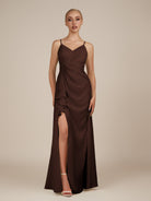 KissDress-Lavatera Espresso A Line Chiffon V Neck Long Bridesmaid Dress with Ruffles