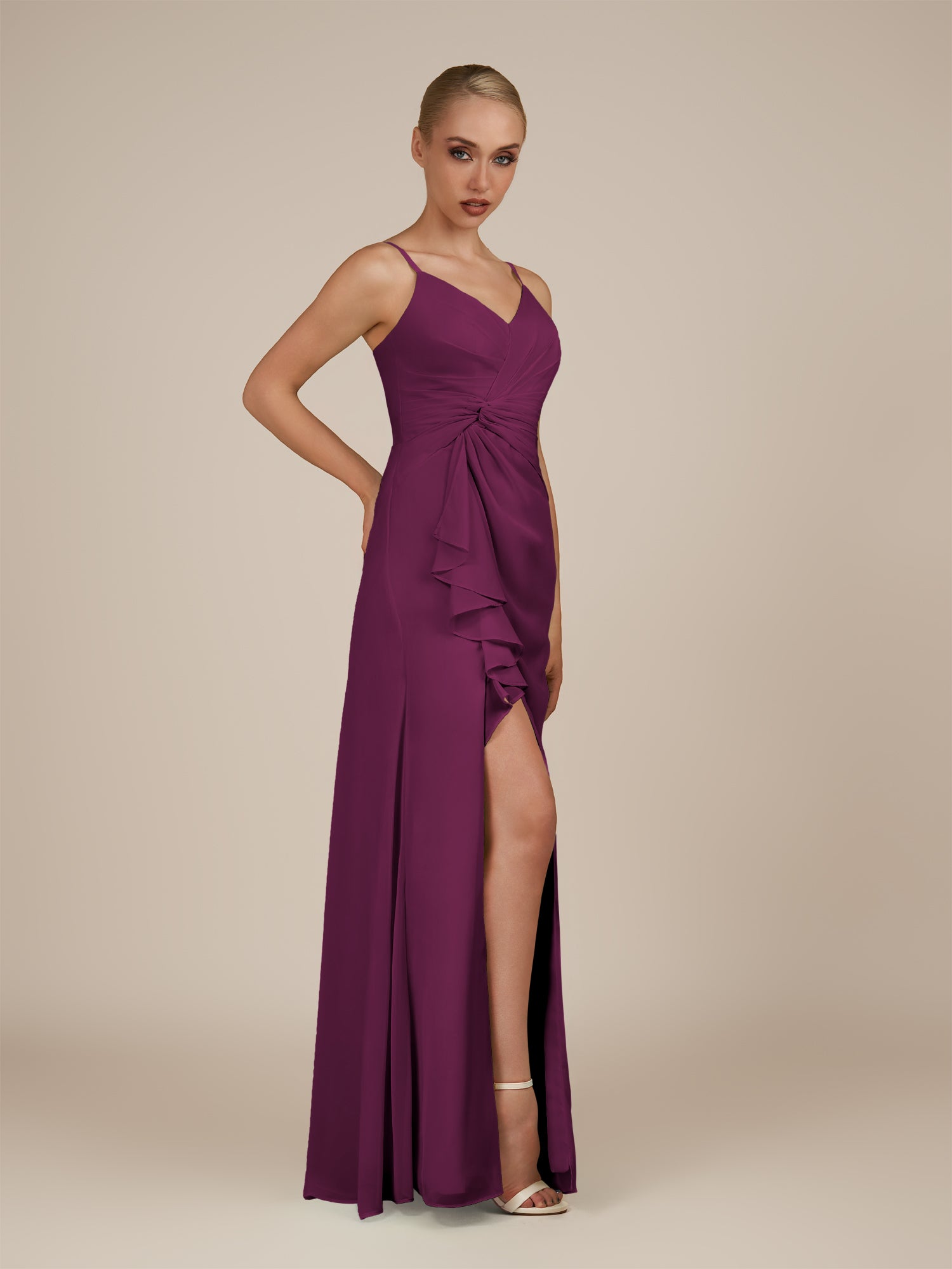 KissDress-Lavatera Fig A Line Chiffon V Neck Long Bridesmaid Dress with Ruffles