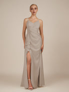 KissDress-Lavatera Frost A Line Chiffon V Neck Long Bridesmaid Dress with Ruffles