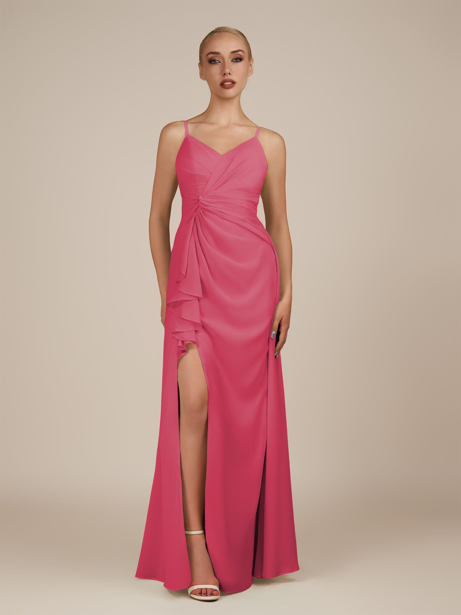 KissDress-Lavatera Fuchsia A Line Chiffon V Neck Long Bridesmaid Dress with Ruffles