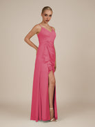KissDress-Lavatera Fuchsia A Line Chiffon V Neck Long Bridesmaid Dress with Ruffles