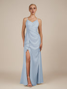 KissDress-Lavatera Ice A Line Chiffon V Neck Long Bridesmaid Dress with Ruffles