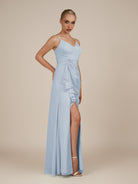KissDress-Lavatera Ice A Line Chiffon V Neck Long Bridesmaid Dress with Ruffles
