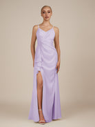 KissDress-Lavatera Lavender A Line Chiffon V Neck Long Bridesmaid Dress with Ruffles