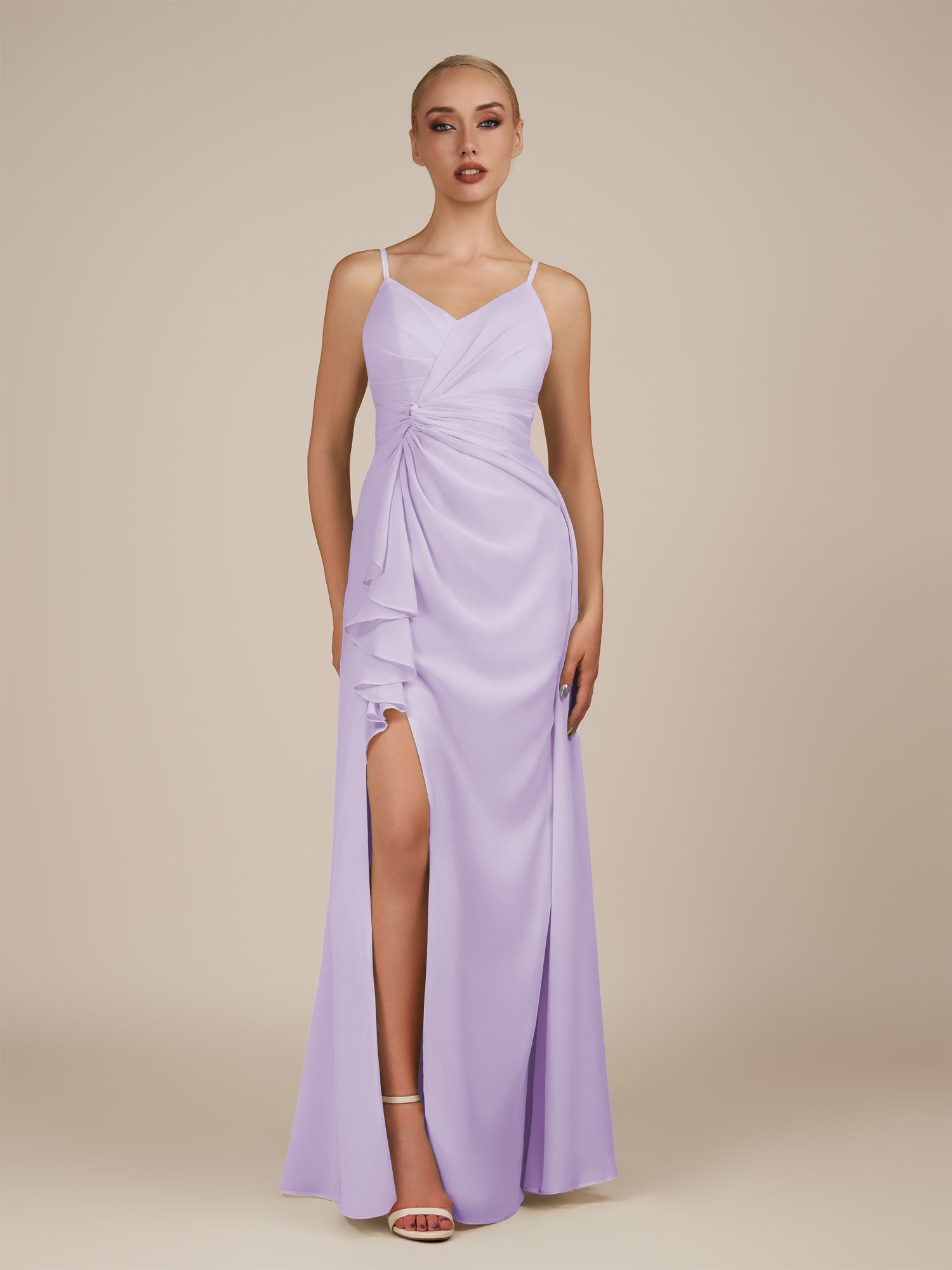 KissDress-Lavatera Lavender A Line Chiffon V Neck Long Bridesmaid Dress with Ruffles