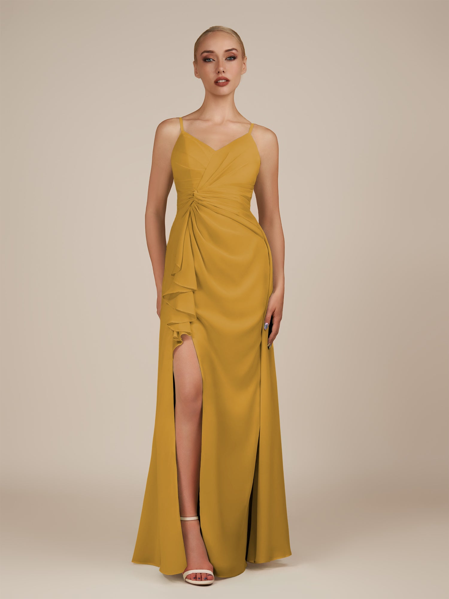 KissDress-Lavatera Marigold A Line Chiffon V Neck Long Bridesmaid Dress with Ruffles