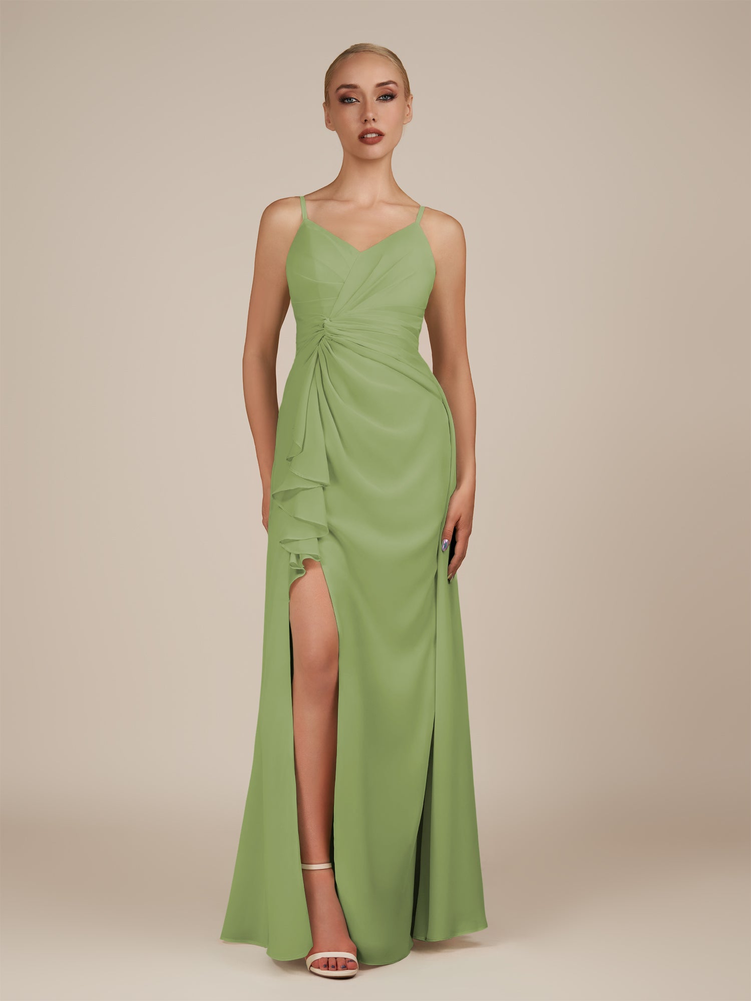 KissDress-Lavatera Matcha A Line Chiffon V Neck Long Bridesmaid Dress with Ruffles