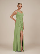 KissDress-Lavatera Matcha A Line Chiffon V Neck Long Bridesmaid Dress with Ruffles