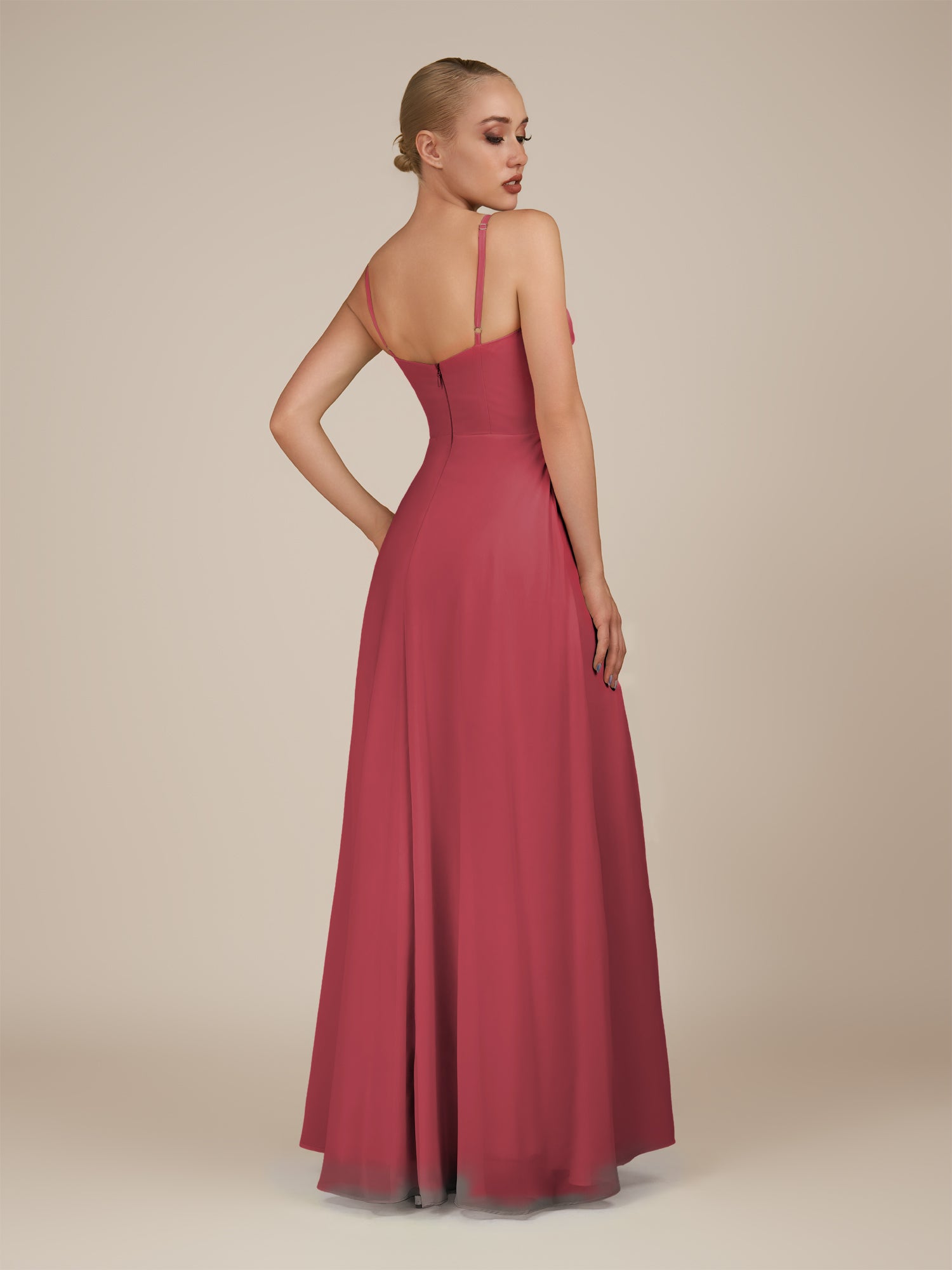KissDress-Lavatera Merlot A Line Chiffon V Neck Long Bridesmaid Dress with Ruffles