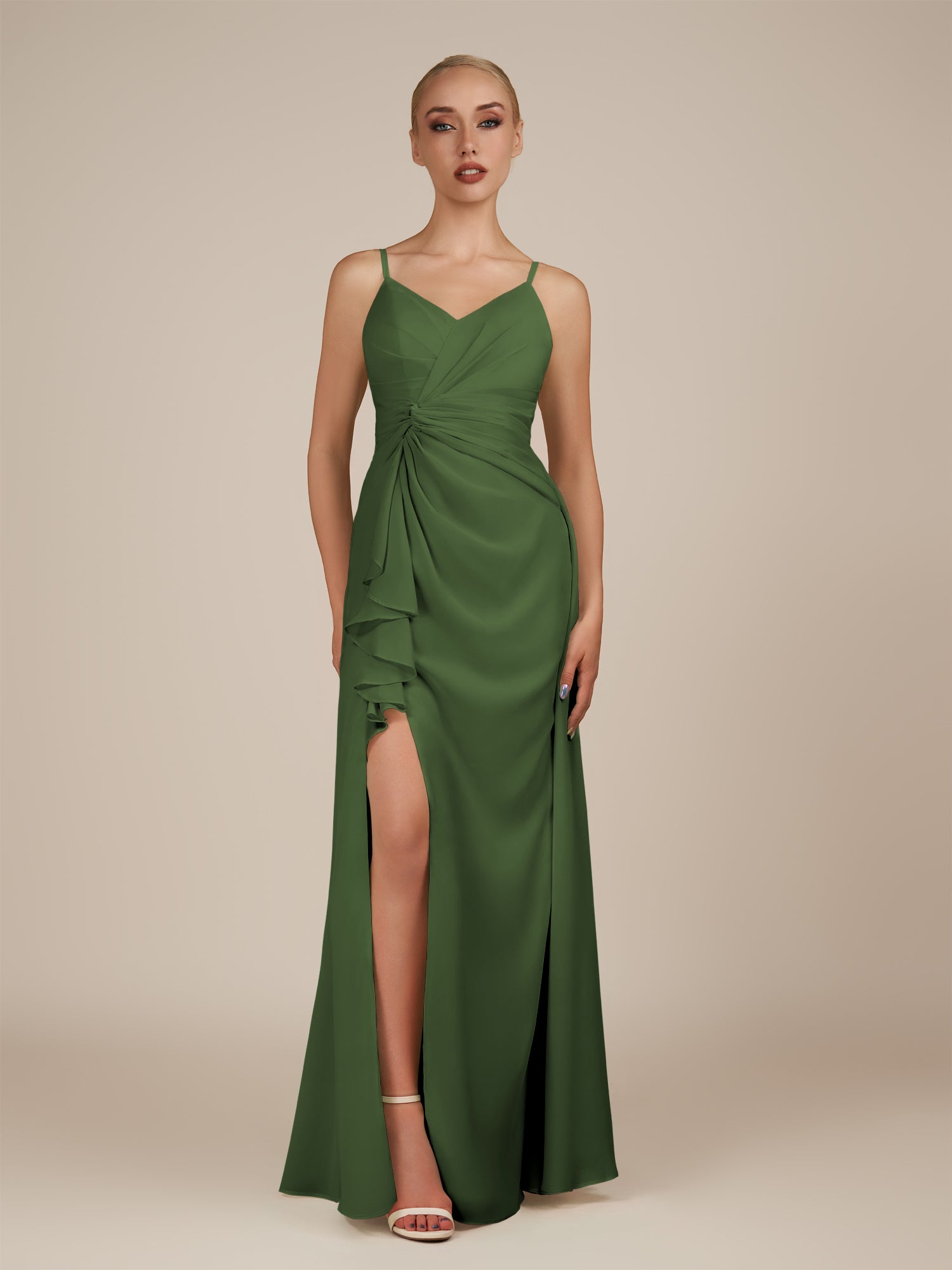 KissDress-Lavatera Moss A Line Chiffon V Neck Long Bridesmaid Dress with Ruffles