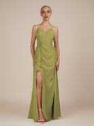 KissDress-Lavatera Moss Green A Line Chiffon V Neck Long Bridesmaid Dress with Ruffles