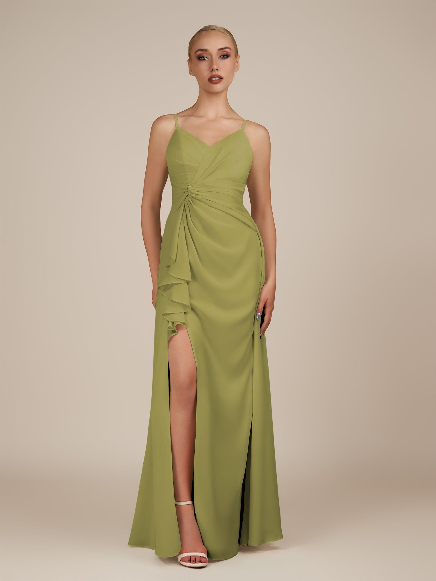 KissDress-Lavatera Moss Green A Line Chiffon V Neck Long Bridesmaid Dress with Ruffles