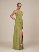 KissDress-Lavatera Moss Green A Line Chiffon V Neck Long Bridesmaid Dress with Ruffles