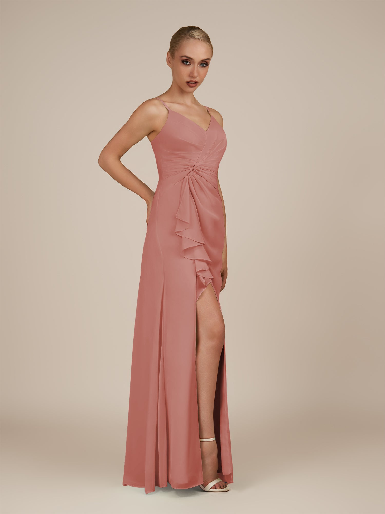 KissDress-Lavatera Mulberry A Line Chiffon V Neck Long Bridesmaid Dress with Ruffles