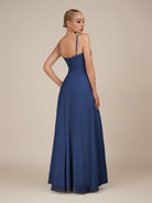 KissDress-Lavatera Navy A Line Chiffon V Neck Long Bridesmaid Dress with Ruffles