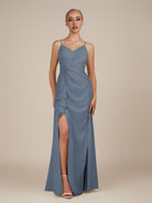 KissDress-Lavatera Neptune A Line Chiffon V Neck Long Bridesmaid Dress with Ruffles