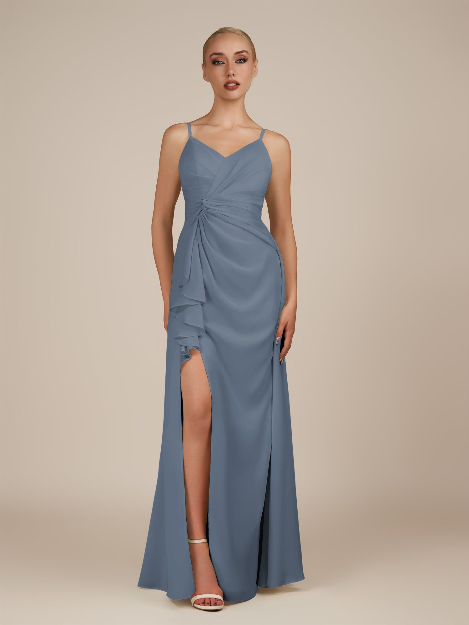 KissDress-Lavatera Neptune A Line Chiffon V Neck Long Bridesmaid Dress with Ruffles