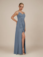 KissDress-Lavatera Neptune A Line Chiffon V Neck Long Bridesmaid Dress with Ruffles