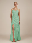 KissDress-Lavatera Pale Pistachio A Line Chiffon V Neck Long Bridesmaid Dress with Ruffles