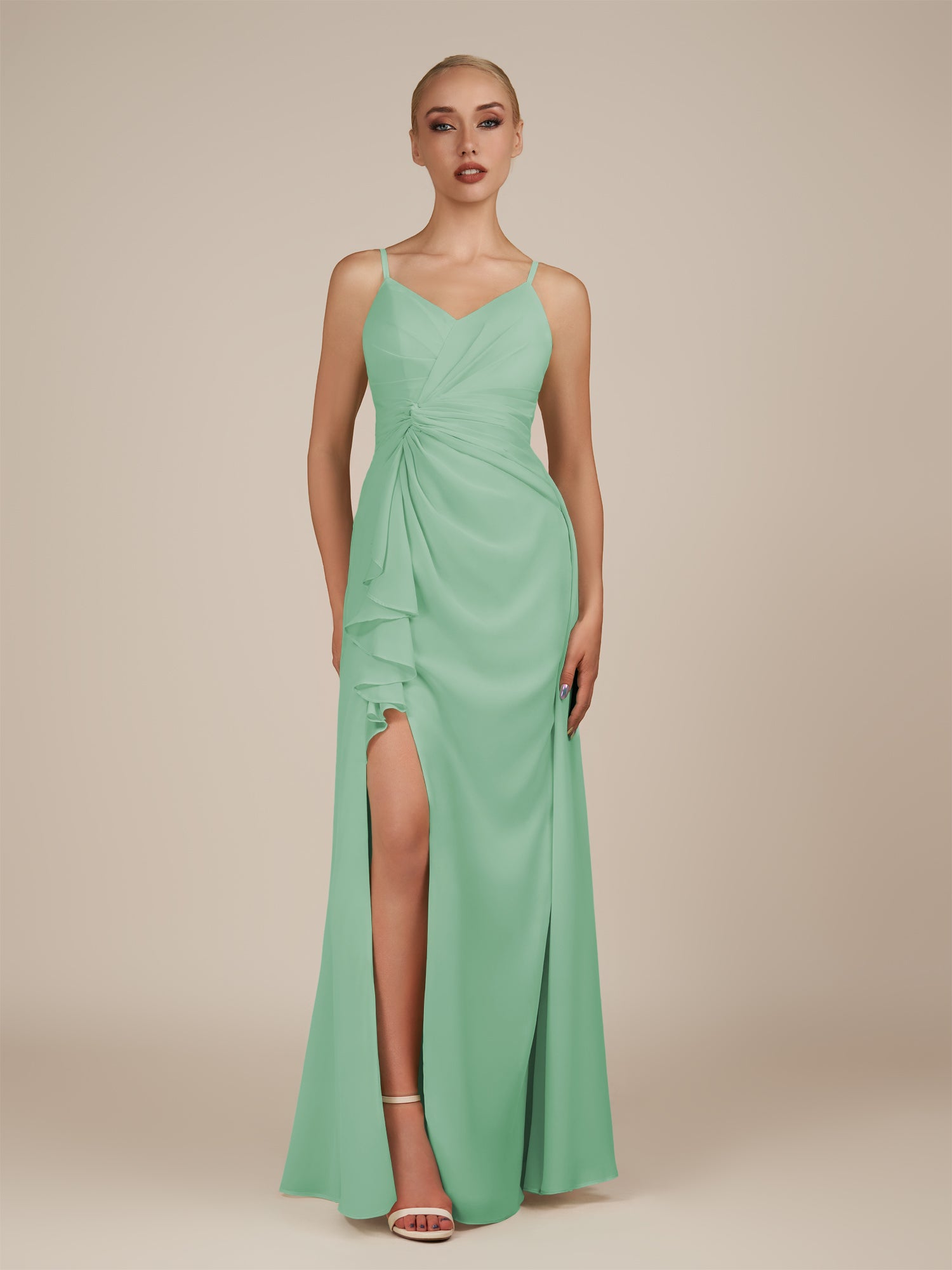 KissDress-Lavatera Pale Pistachio A Line Chiffon V Neck Long Bridesmaid Dress with Ruffles