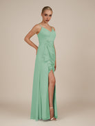 KissDress-Lavatera Pale Pistachio A Line Chiffon V Neck Long Bridesmaid Dress with Ruffles