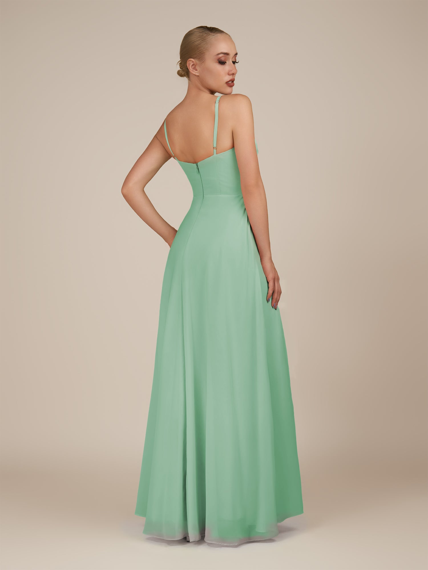 KissDress-Lavatera Pale Pistachio A Line Chiffon V Neck Long Bridesmaid Dress with Ruffles