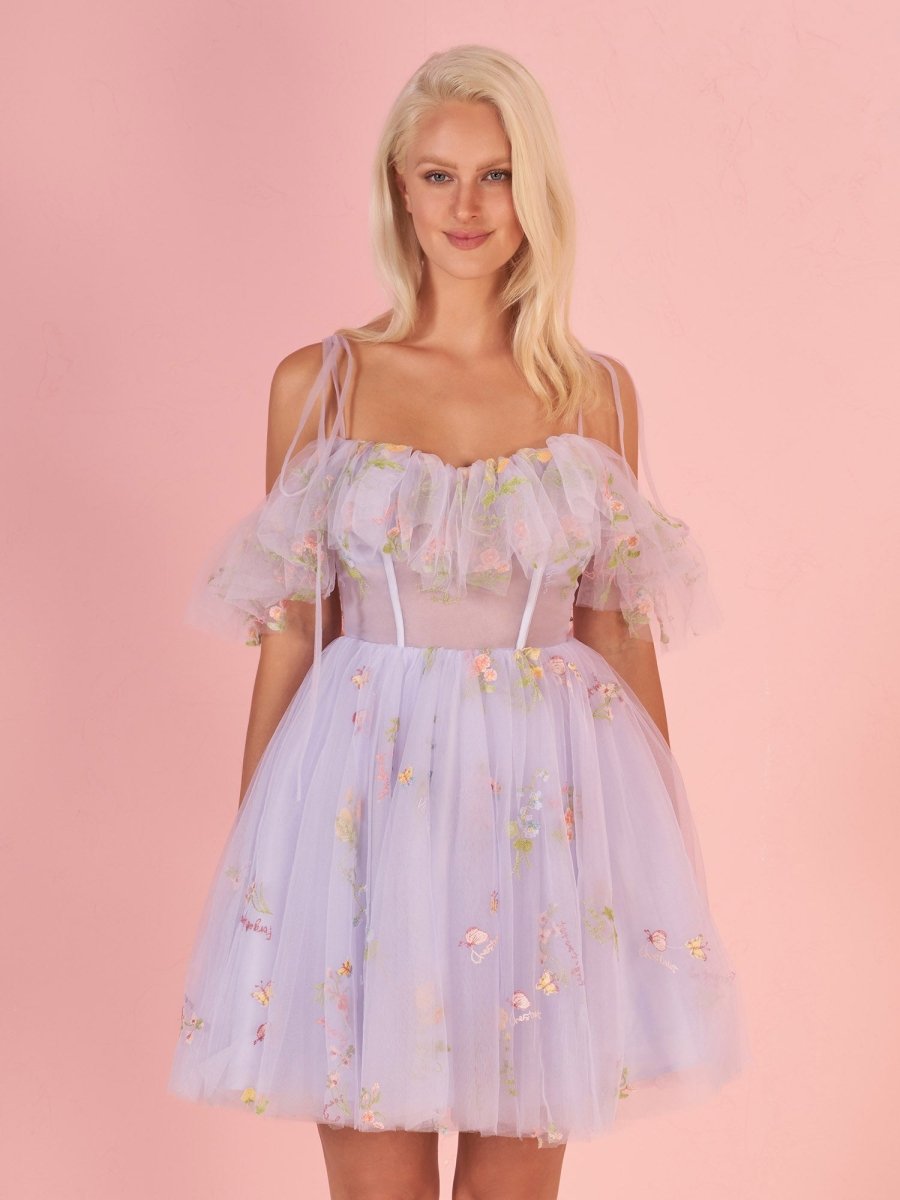 Lavender Off the Shoulder Corset Homecoming Dress with Ruffles - KissProm