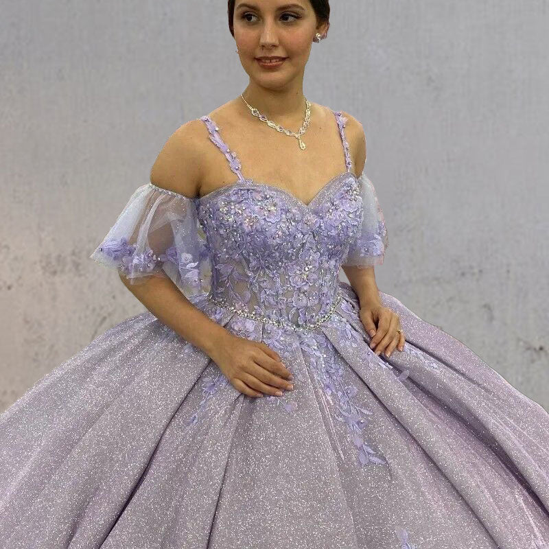 Lavender Off-the-Shoulder Straps Appliqued Quinceanera Dresses