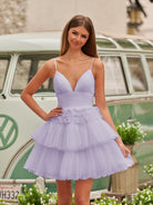 Layla | A - Line Deep V Neck Tiered Short Homecoming Dress - KissProm