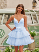 Layla | A - Line Deep V Neck Tiered Short Homecoming Dress - KissProm