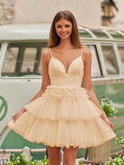 Layla | A - Line Deep V Neck Tiered Short Homecoming Dress - KissProm