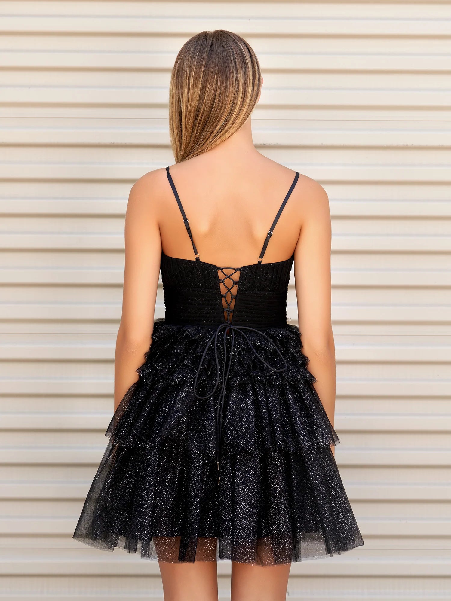 Pink A-Line Deep V Neck Tulle Tiered Homecoming Dresses