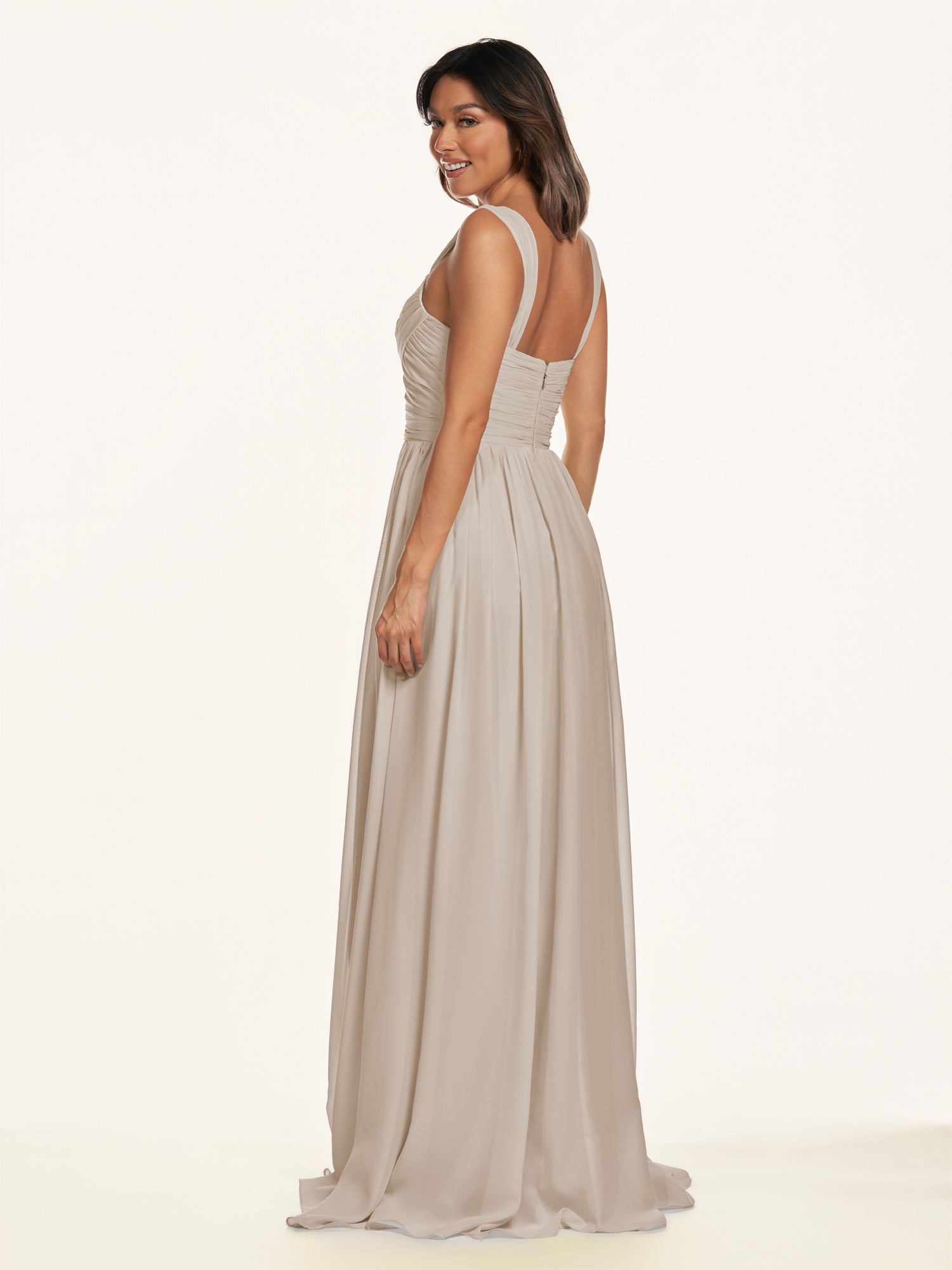 KissDress-Lia Almond A Line Chiffon Off the Shoulder Long Bridesmaid Dress with Pleats
