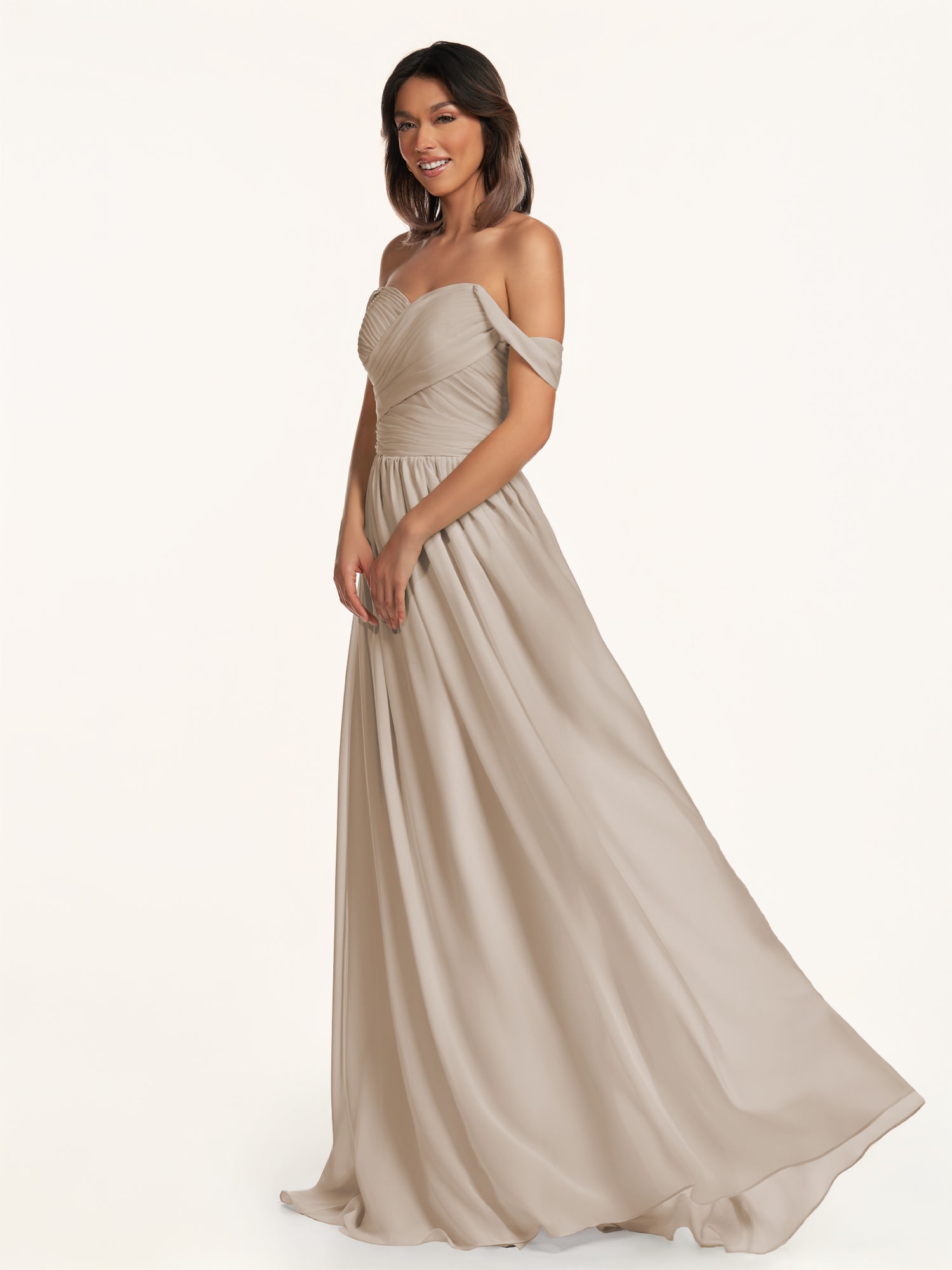 KissDress-Lia Almond A Line Chiffon Off the Shoulder Long Bridesmaid Dress with Pleats