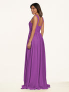 KissDress-Lia Amethyst A Line Chiffon Off the Shoulder Long Bridesmaid Dress with Pleats