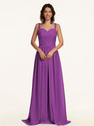 KissDress-Lia Amethyst A Line Chiffon Off the Shoulder Long Bridesmaid Dress with Pleats