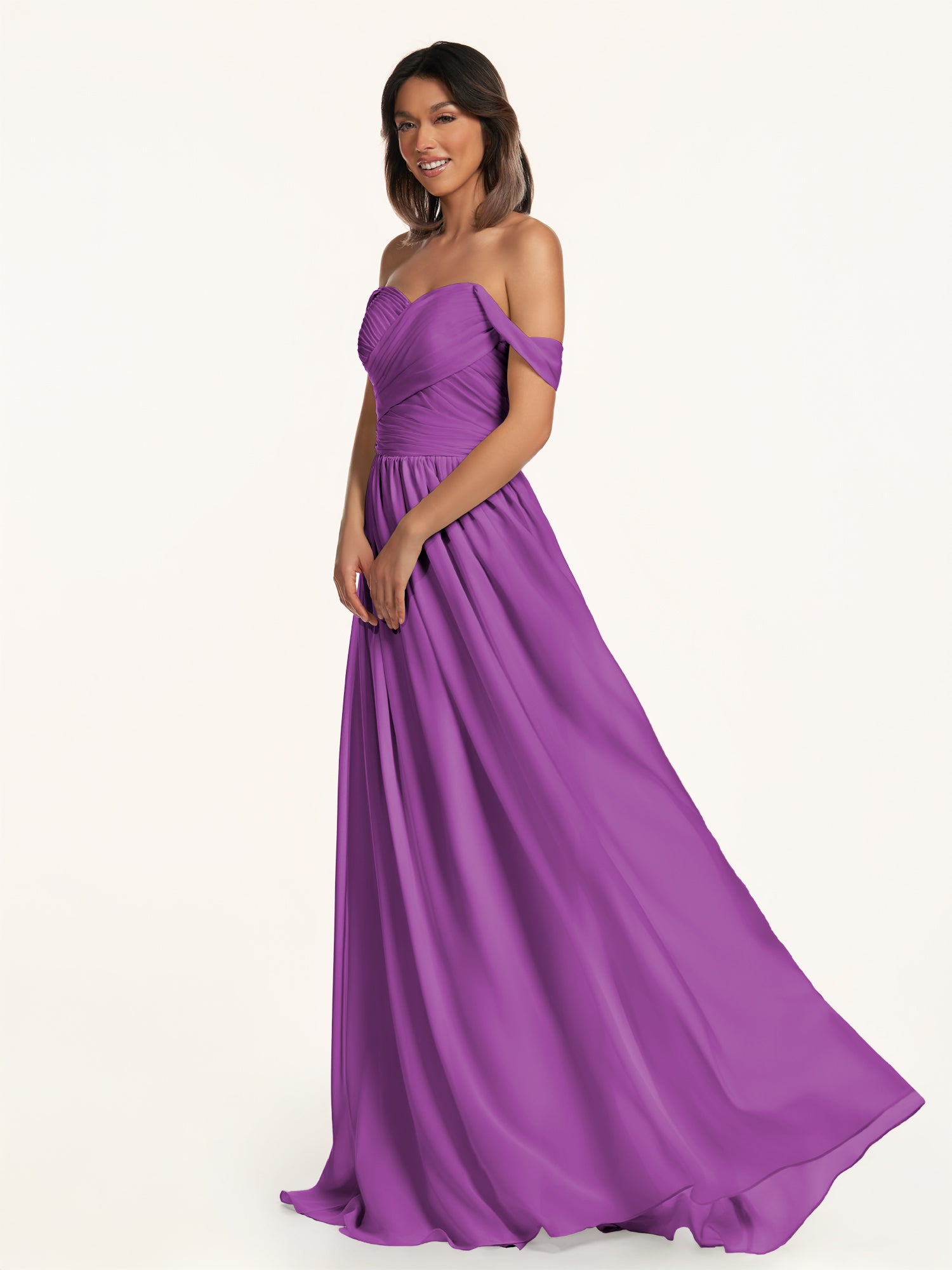 KissDress-Lia Amethyst A Line Chiffon Off the Shoulder Long Bridesmaid Dress with Pleats