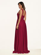 KissDress-Lia Berry A Line Chiffon Off the Shoulder Long Bridesmaid Dress with Pleats