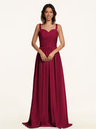 KissDress-Lia Berry A Line Chiffon Off the Shoulder Long Bridesmaid Dress with Pleats